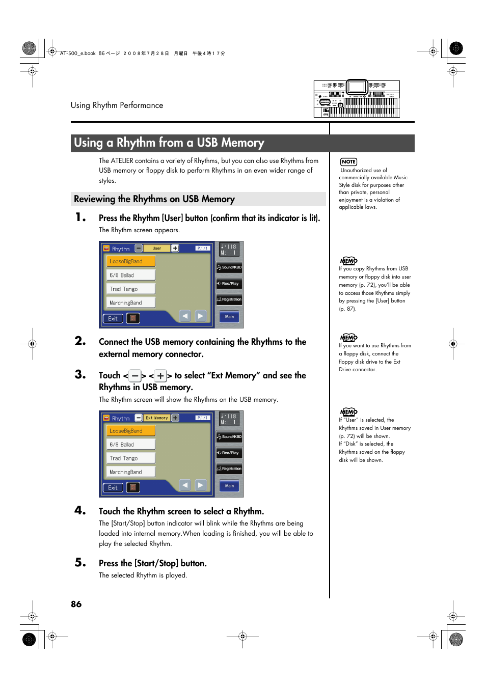 Using a rhythm from a usb memory, Reviewing the rhythms on usb memory | Roland ATELIER AT-500 User Manual | Page 88 / 272