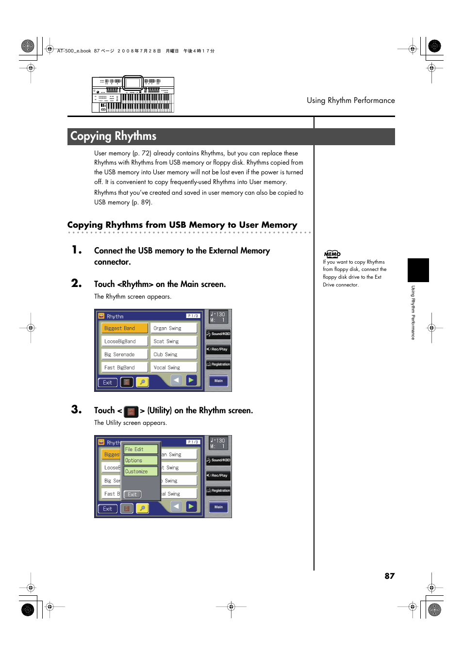 Copying rhythms, Memory, refer to “copying rhythms” (p. 87), Memory (p. 87) | Roland ATELIER AT-500 User Manual | Page 89 / 272