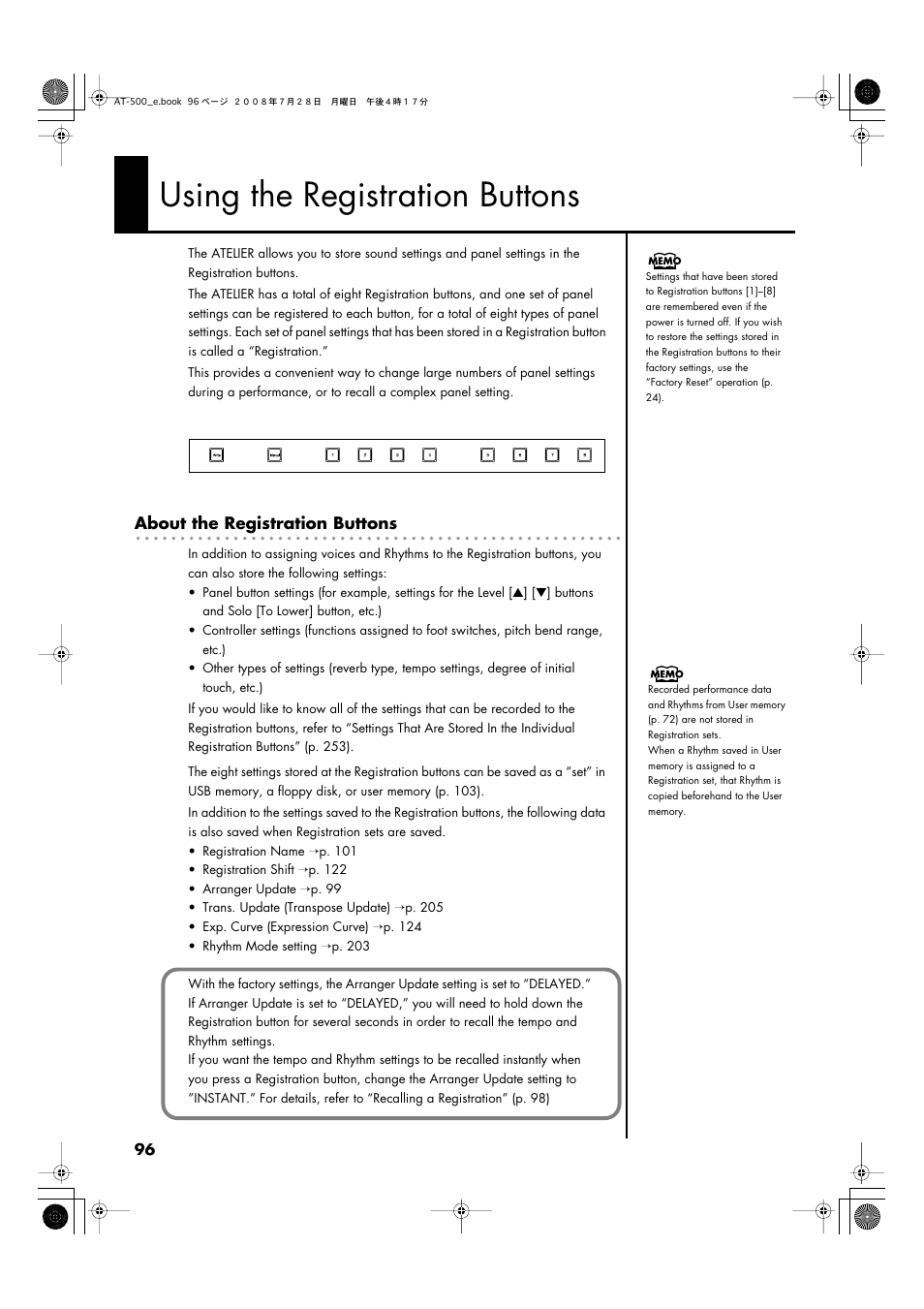 Using the registration buttons, P. 96, About the registration buttons | Roland ATELIER AT-500 User Manual | Page 98 / 272