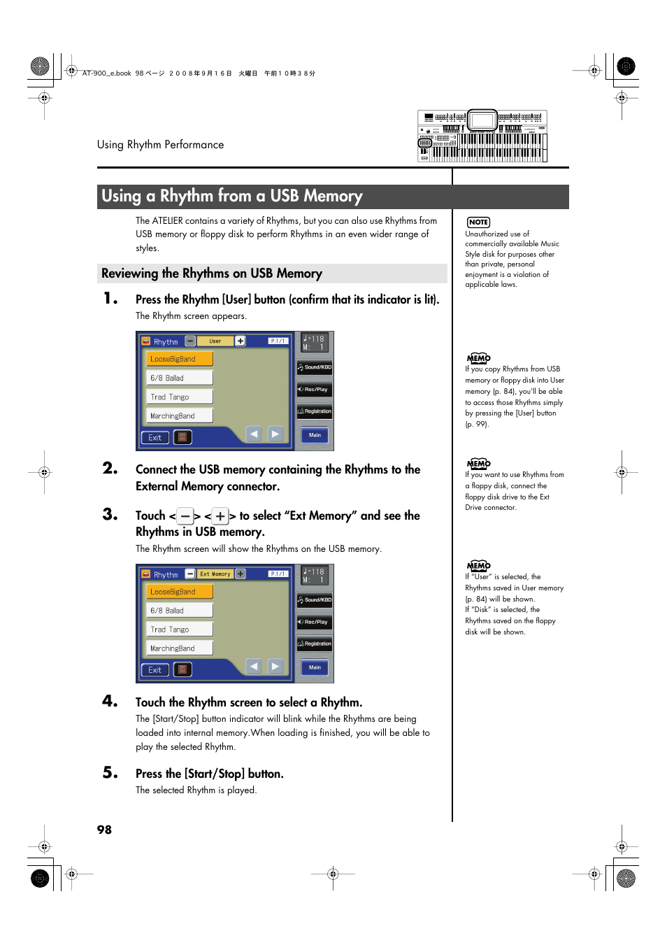 Using a rhythm from a usb memory, Reviewing the rhythms on usb memory | Roland Atelier AT900 User Manual | Page 100 / 308