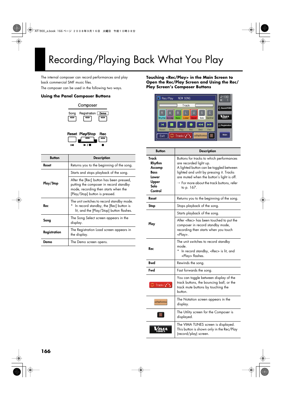 Recording/playing back what you play, P. 166 | Roland Atelier AT900 User Manual | Page 168 / 308