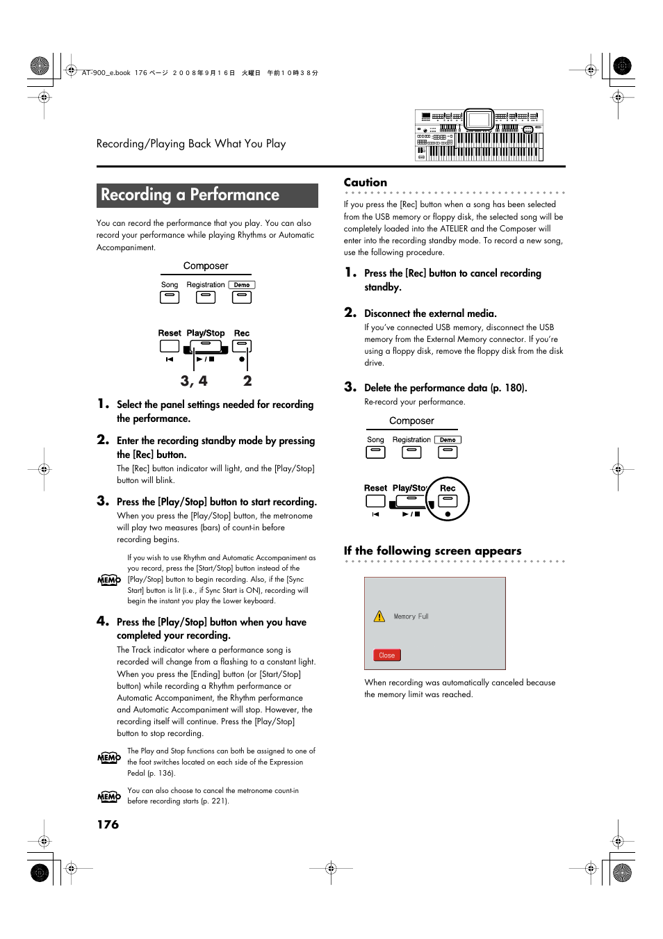 Recording a performance, P. 176 | Roland Atelier AT900 User Manual | Page 178 / 308