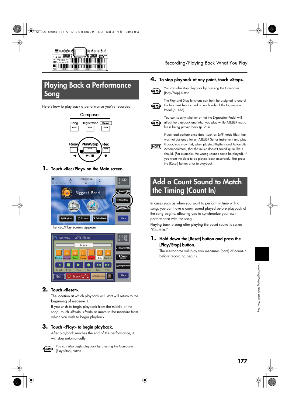 Playing back a performance song, Add a count sound to match the timing (count in) | Roland Atelier AT900 User Manual | Page 179 / 308