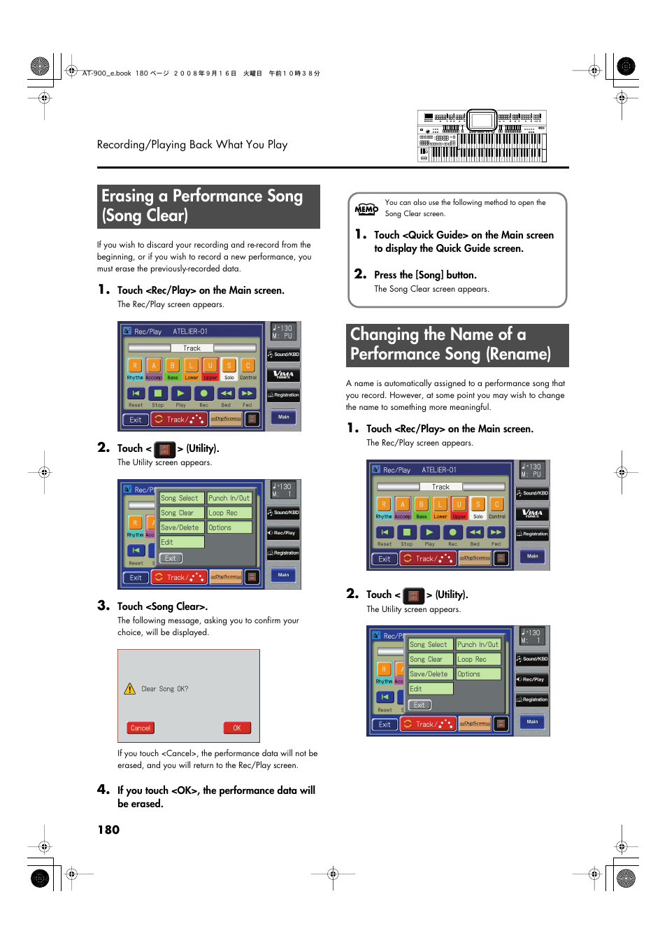 Erasing a performance song (song clear), Changing the name of a performance song (rename) | Roland Atelier AT900 User Manual | Page 182 / 308