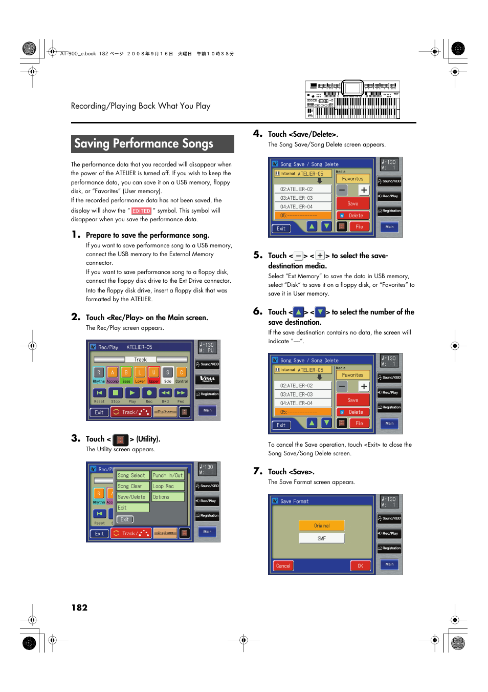 Saving performance songs | Roland Atelier AT900 User Manual | Page 184 / 308