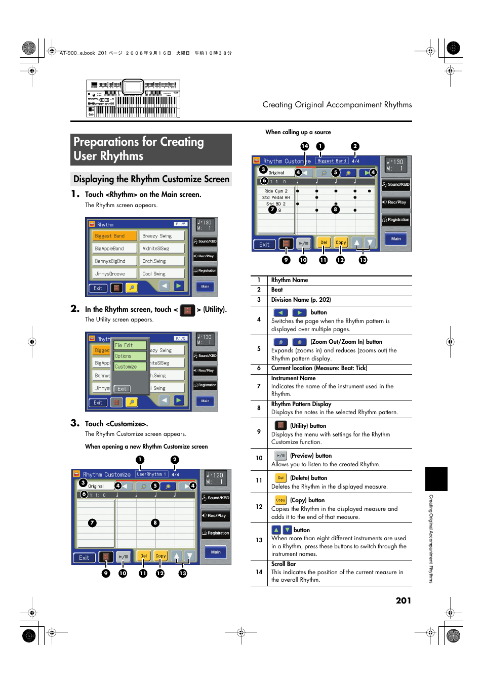 Preparations for creating user rhythms, Displaying the rhythm customize screen, 201 creating original accompaniment rhythms | Roland Atelier AT900 User Manual | Page 203 / 308