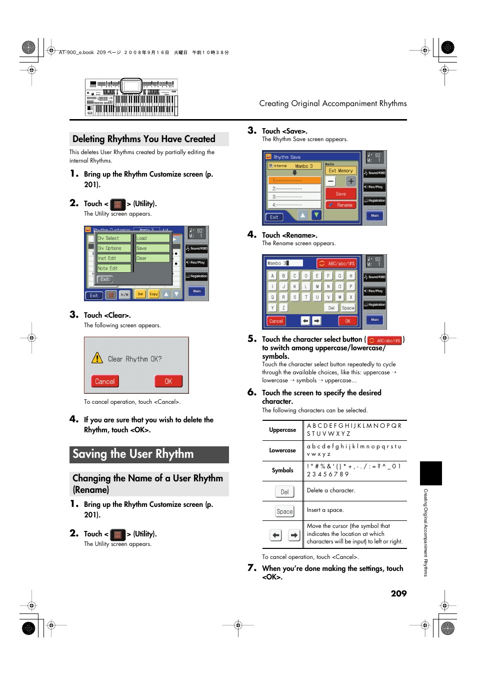 Deleting rhythms you have created, Saving the user rhythm, Changing the name of a user rhythm (rename) | Roland Atelier AT900 User Manual | Page 211 / 308