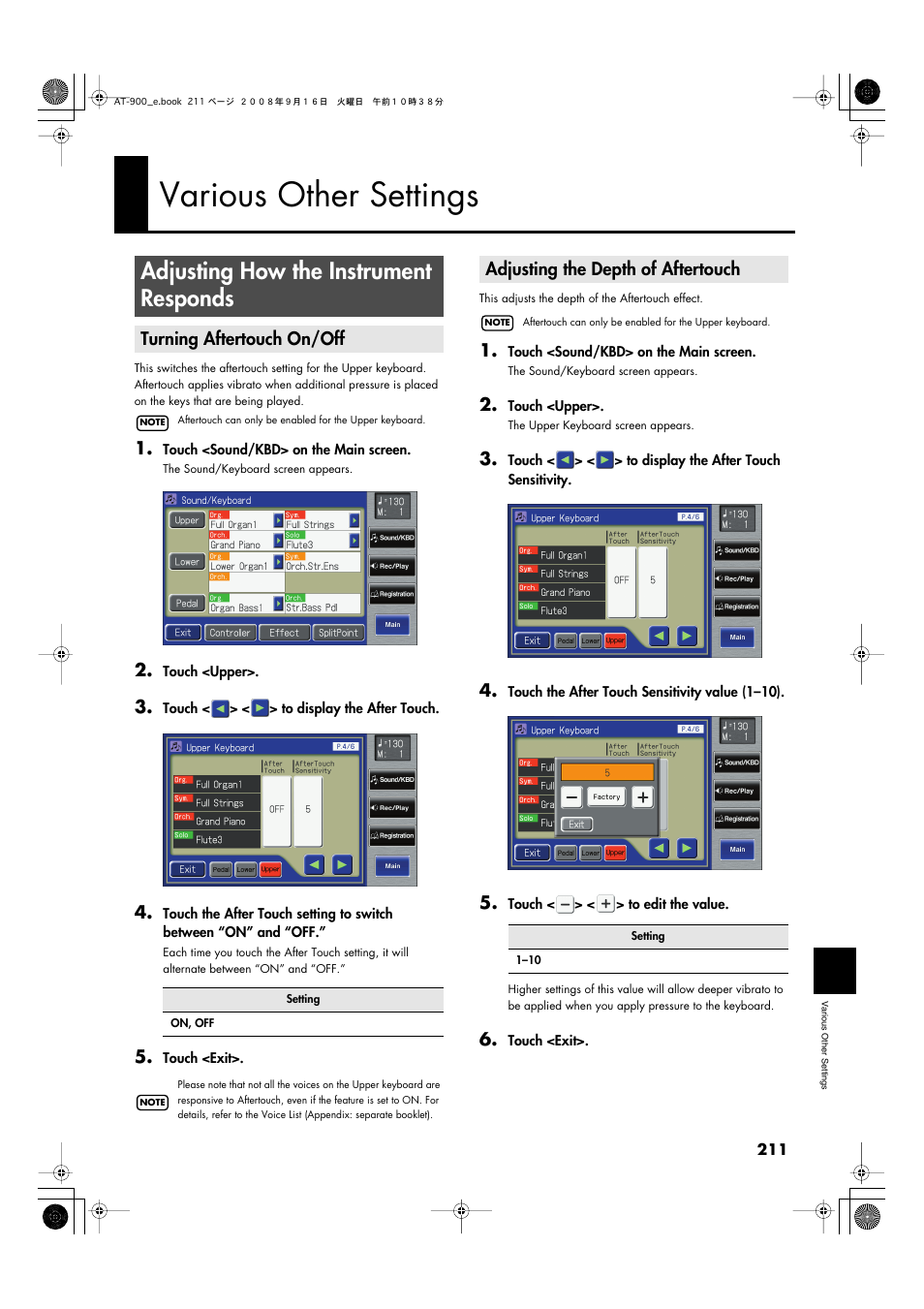 Various other settings, Adjusting how the instrument responds, Turning aftertouch on/off | Adjusting the depth of aftertouch | Roland Atelier AT900 User Manual | Page 213 / 308