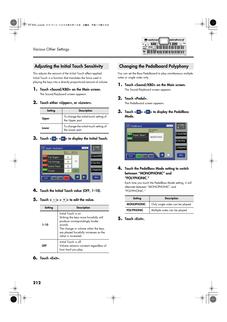 Adjusting the initial touch sensitivity, Changing the pedalboard polyphony | Roland Atelier AT900 User Manual | Page 214 / 308