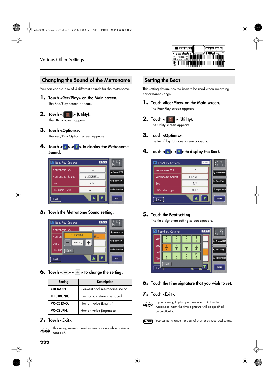 Changing the sound of the metronome, Setting the beat | Roland Atelier AT900 User Manual | Page 224 / 308