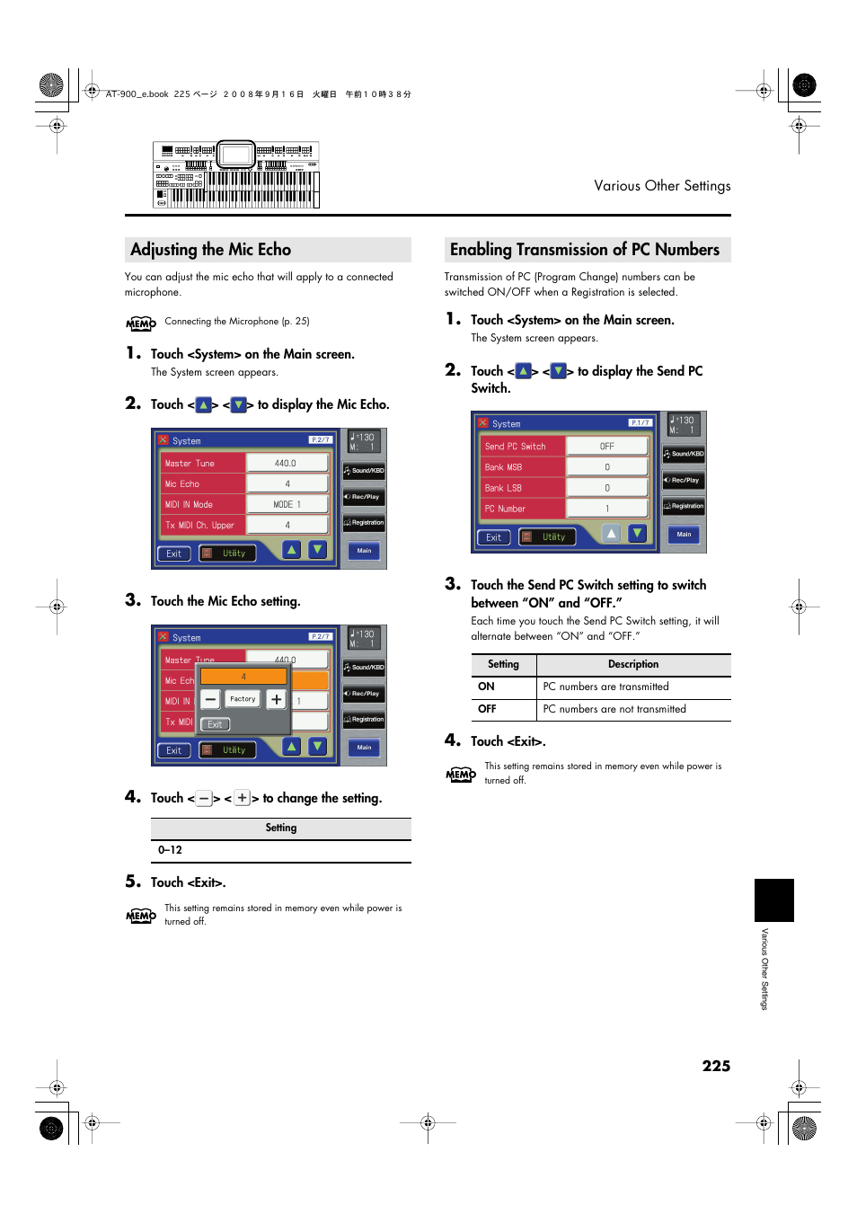 Adjusting the mic echo, Enabling transmission of pc numbers | Roland Atelier AT900 User Manual | Page 227 / 308