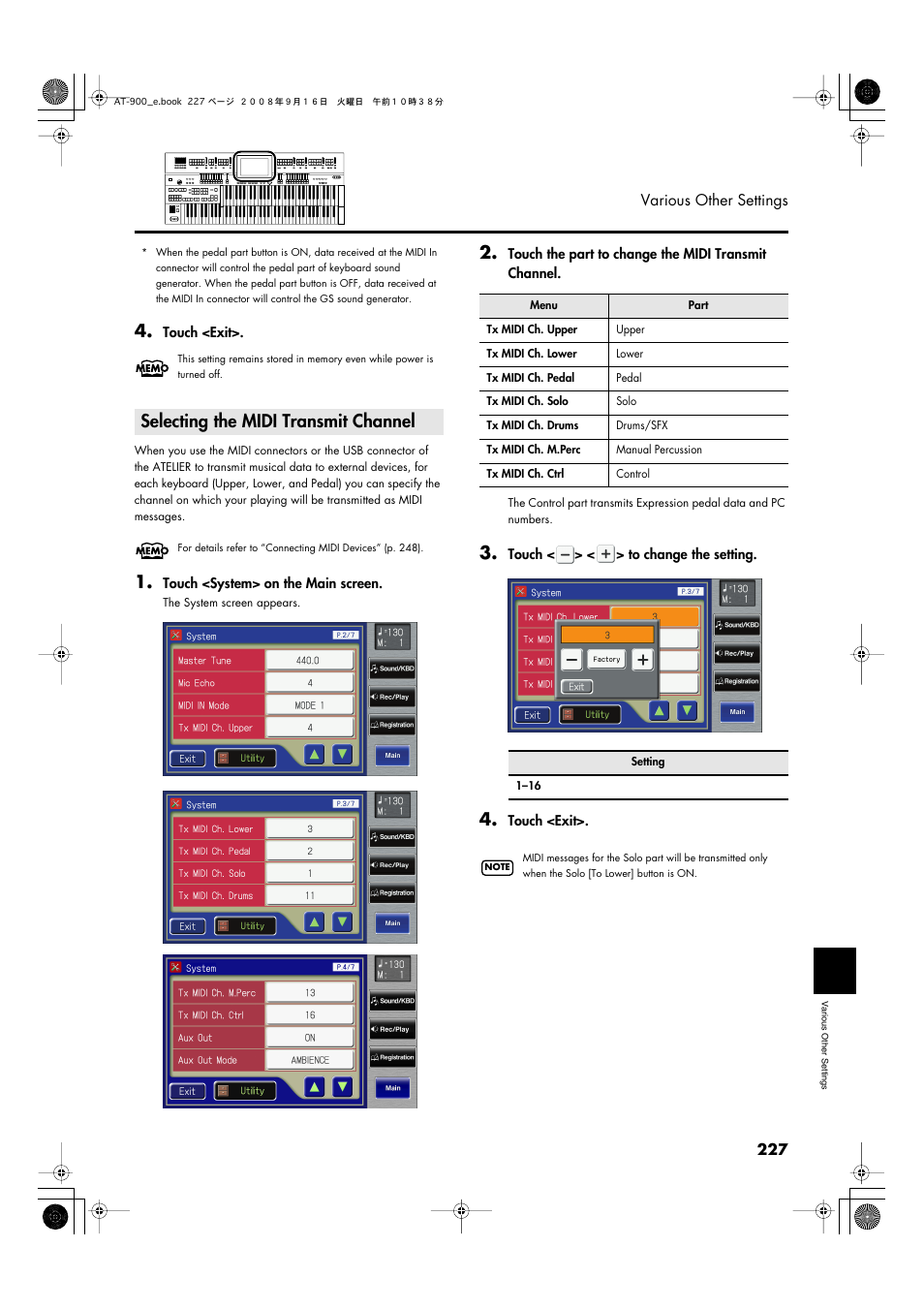 Selecting the midi transmit channel | Roland Atelier AT900 User Manual | Page 229 / 308