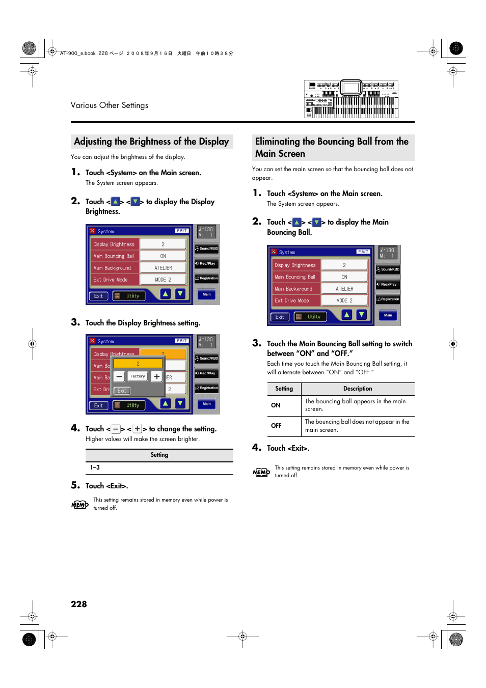 Adjusting the brightness of the display, Eliminating the bouncing ball from the main screen, The screen (p. 228) | In the main screen (p. 228) | Roland Atelier AT900 User Manual | Page 230 / 308