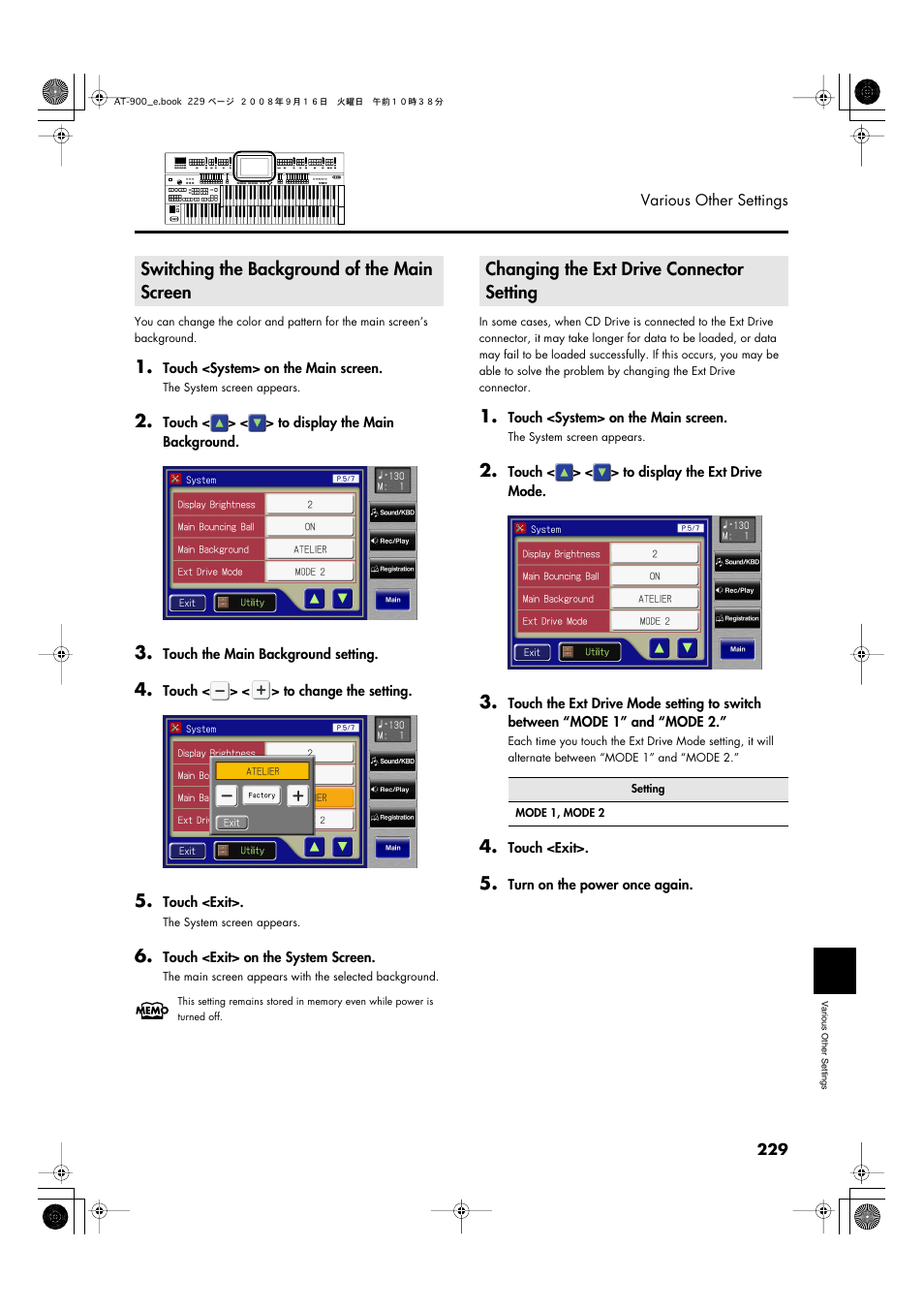 Switching the background of the main screen, Changing the ext drive connector setting, The main screen (p. 229) | Roland Atelier AT900 User Manual | Page 231 / 308