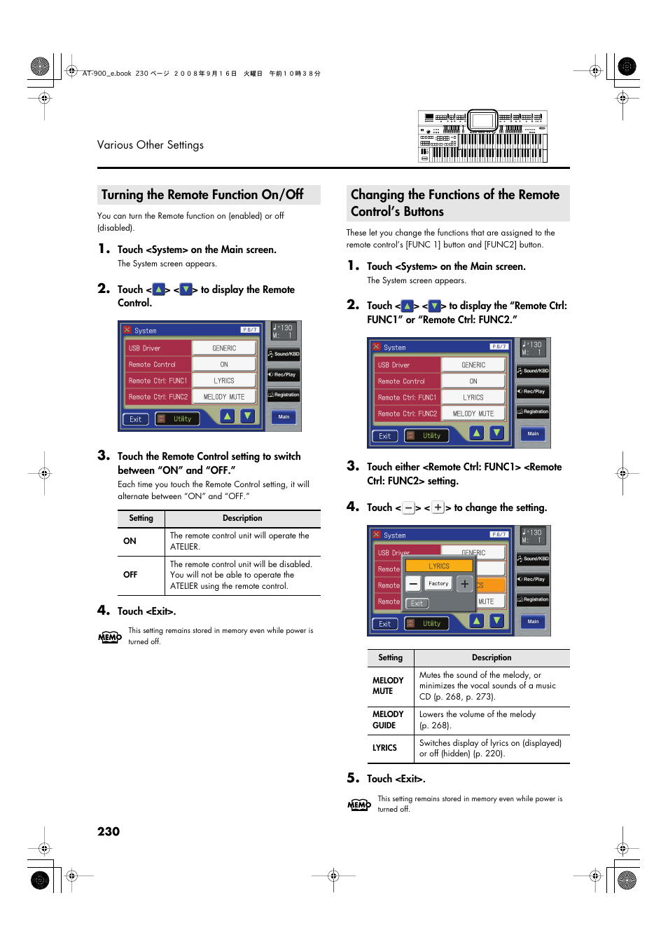 Turning the remote function on/off | Roland Atelier AT900 User Manual | Page 232 / 308