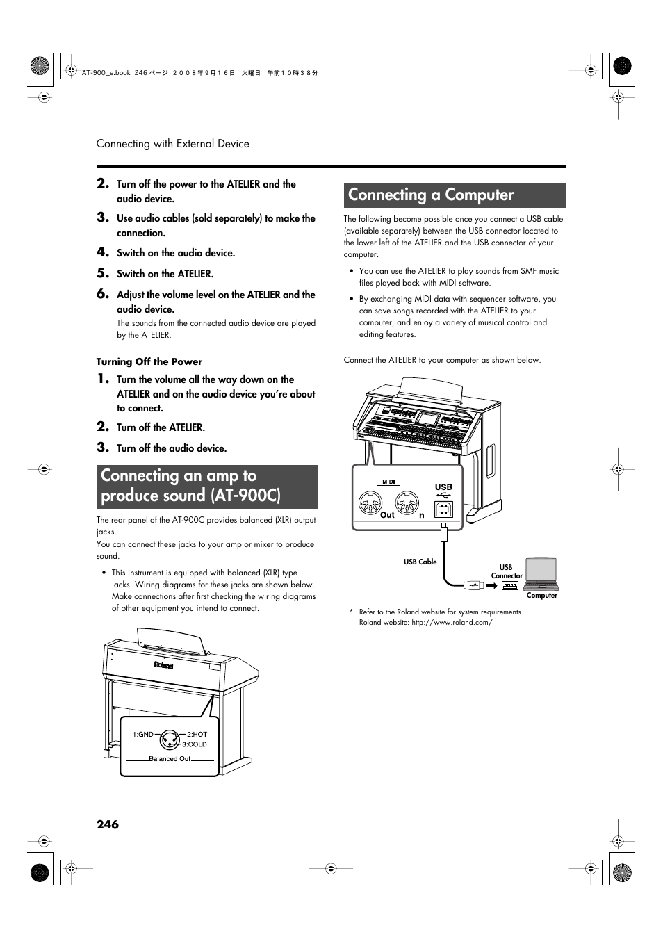 Connecting an amp to produce sound (at-900c), Connecting a computer, P. 246 | Roland Atelier AT900 User Manual | Page 248 / 308