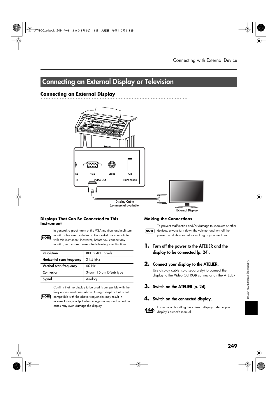 Connecting an external display or television, P. 249 | Roland Atelier AT900 User Manual | Page 251 / 308