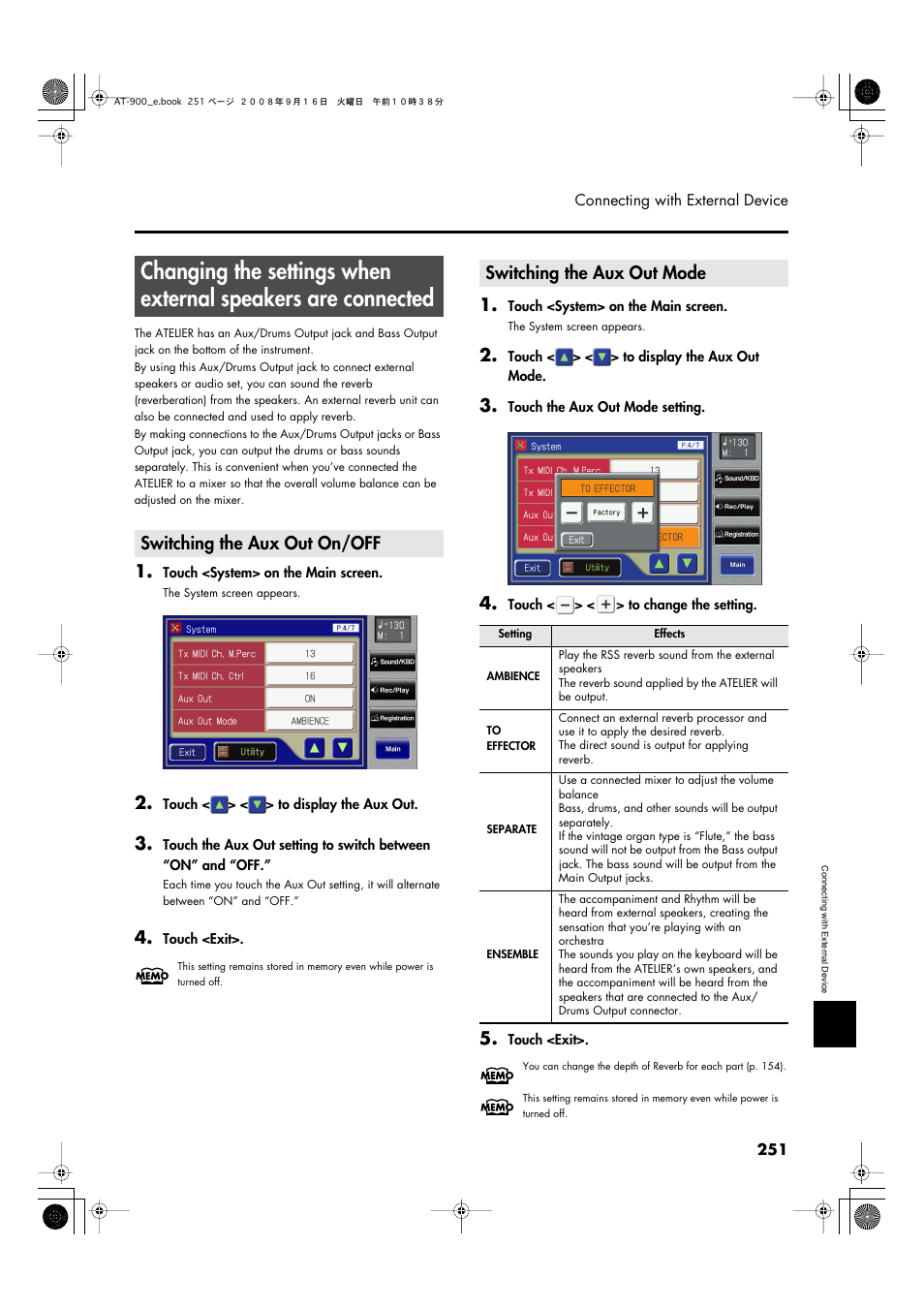 Switching the aux out on/off, Switching the aux out mode, Will be output from these jacks (p. 251) | Will be output from this jack (p. 251) | Roland Atelier AT900 User Manual | Page 253 / 308