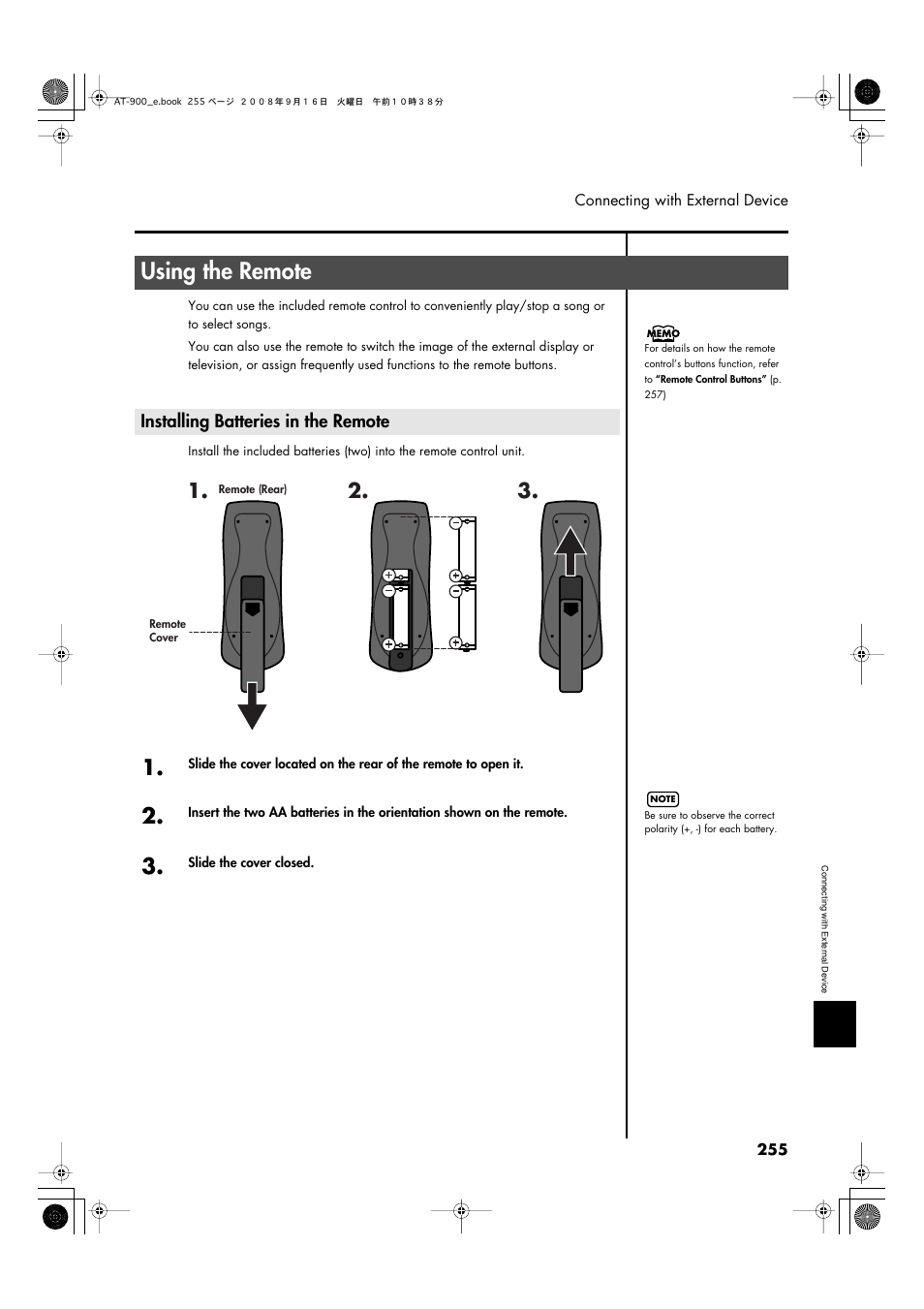 Using the remote, Installing batteries in the remote | Roland Atelier AT900 User Manual | Page 257 / 308