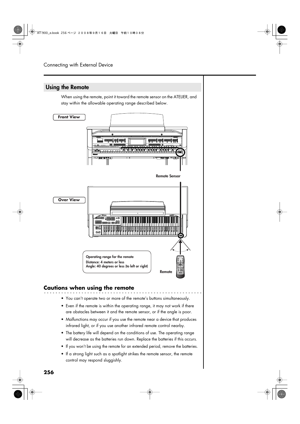 Using the remote, Cautions when using the remote | Roland Atelier AT900 User Manual | Page 258 / 308