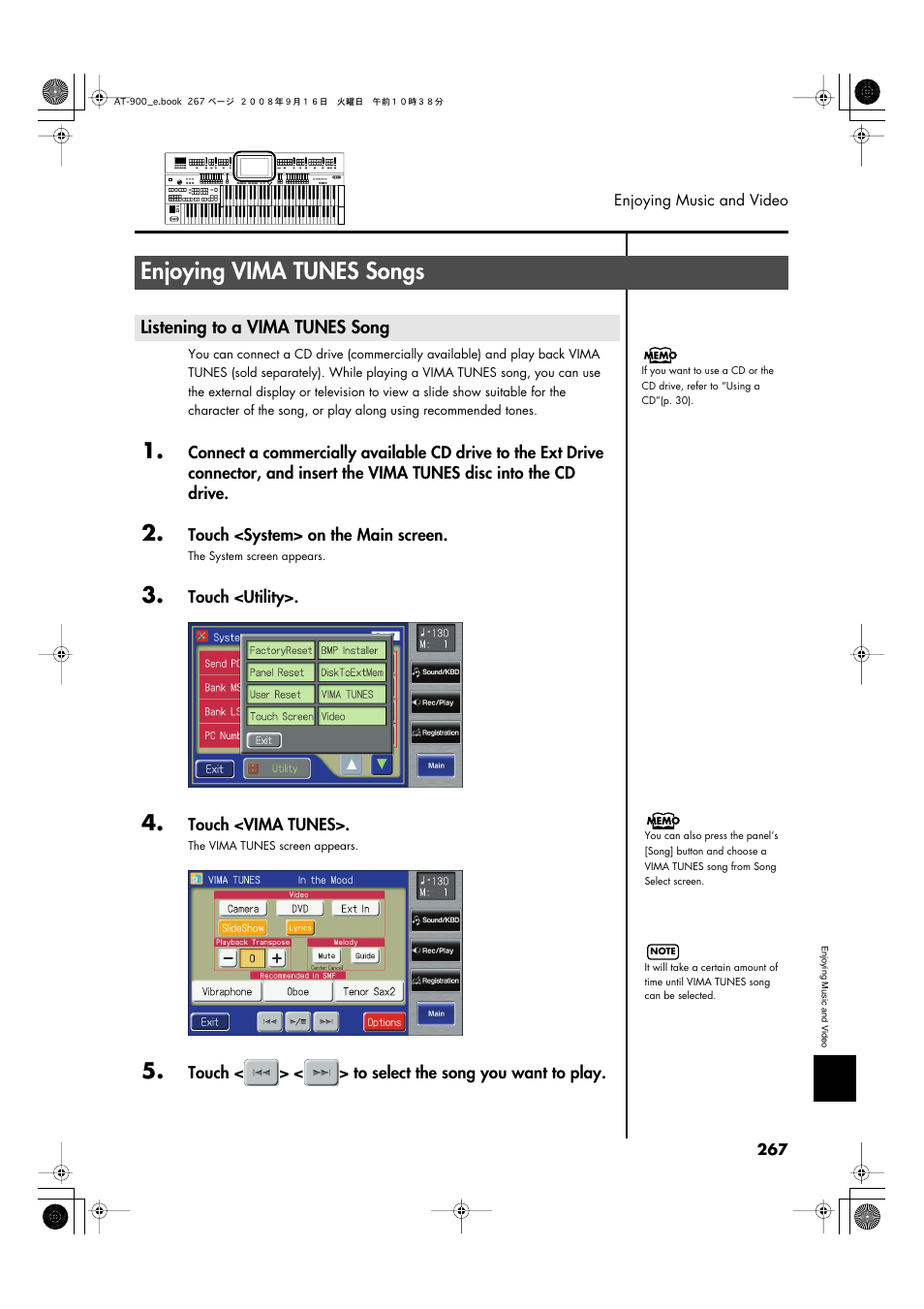 Enjoying vima tunes songs, Listening to a vima tunes song | Roland Atelier AT900 User Manual | Page 269 / 308