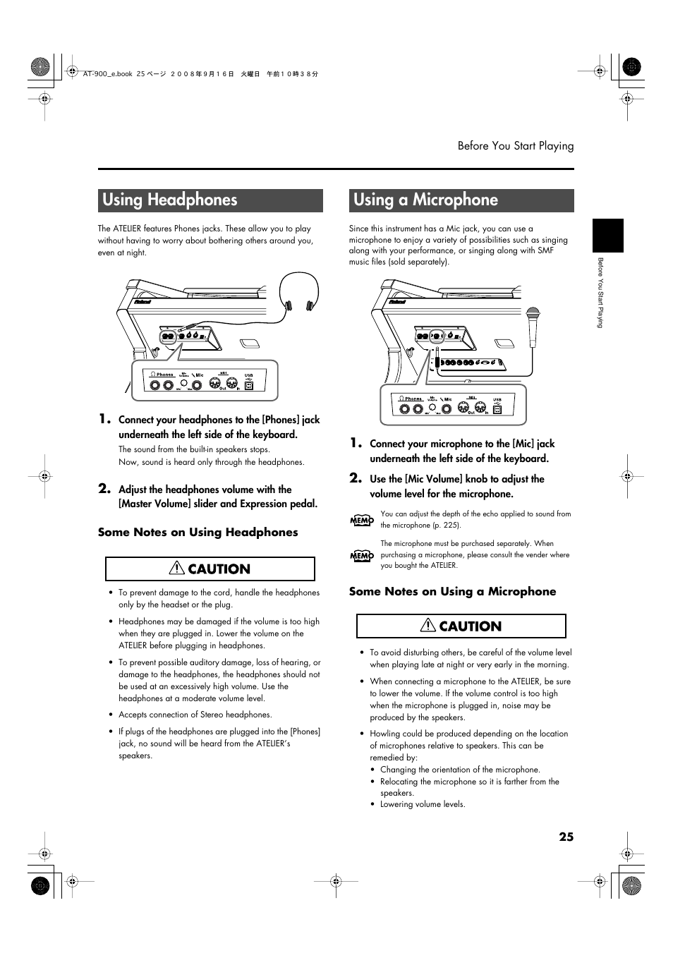 Using headphones, Using a microphone, Using headphones using a microphone | Roland Atelier AT900 User Manual | Page 27 / 308