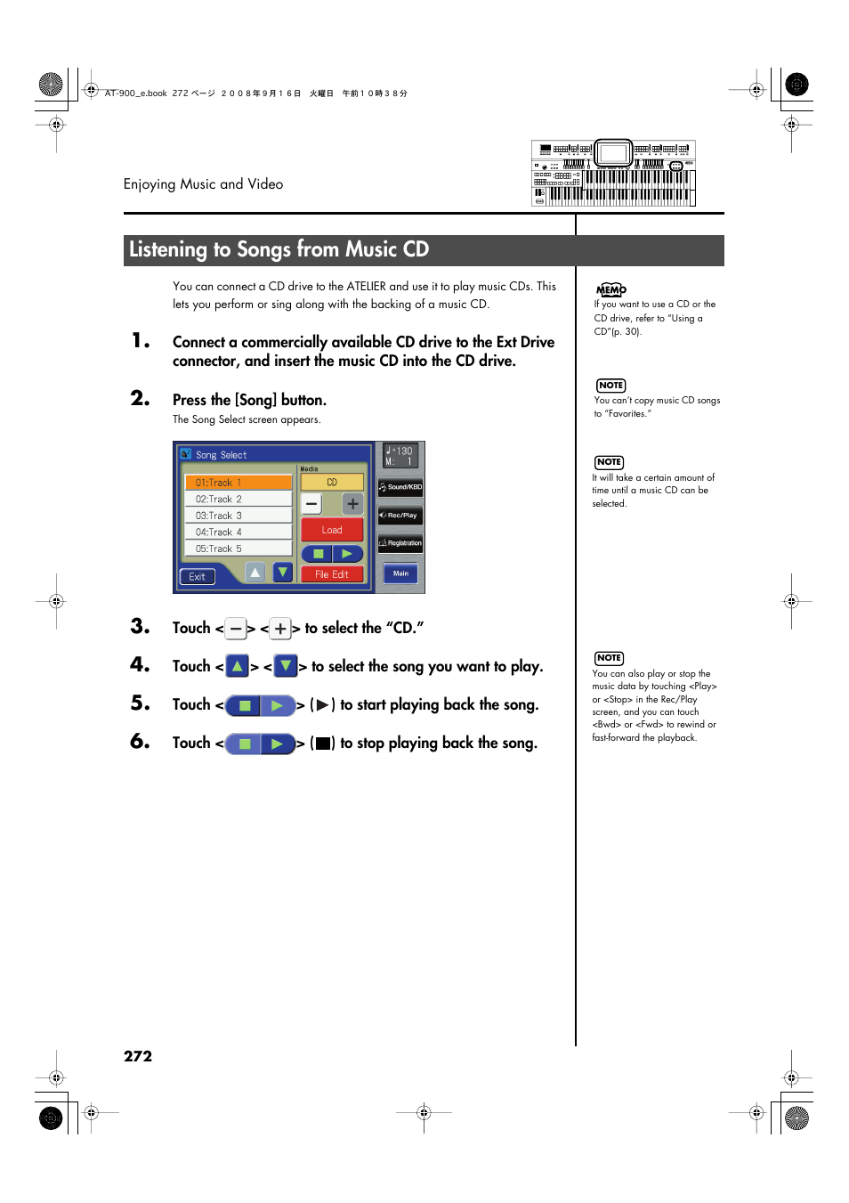 Listening to songs from music cd | Roland Atelier AT900 User Manual | Page 274 / 308