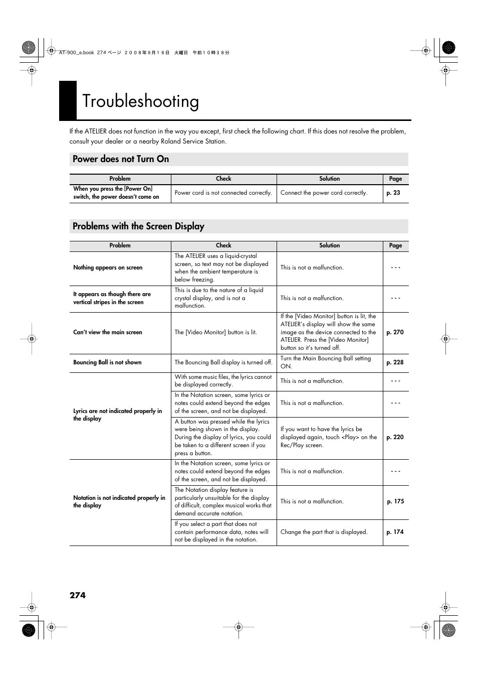 Troubleshooting, Power does not turn on, Problems with the screen display | Roland Atelier AT900 User Manual | Page 276 / 308