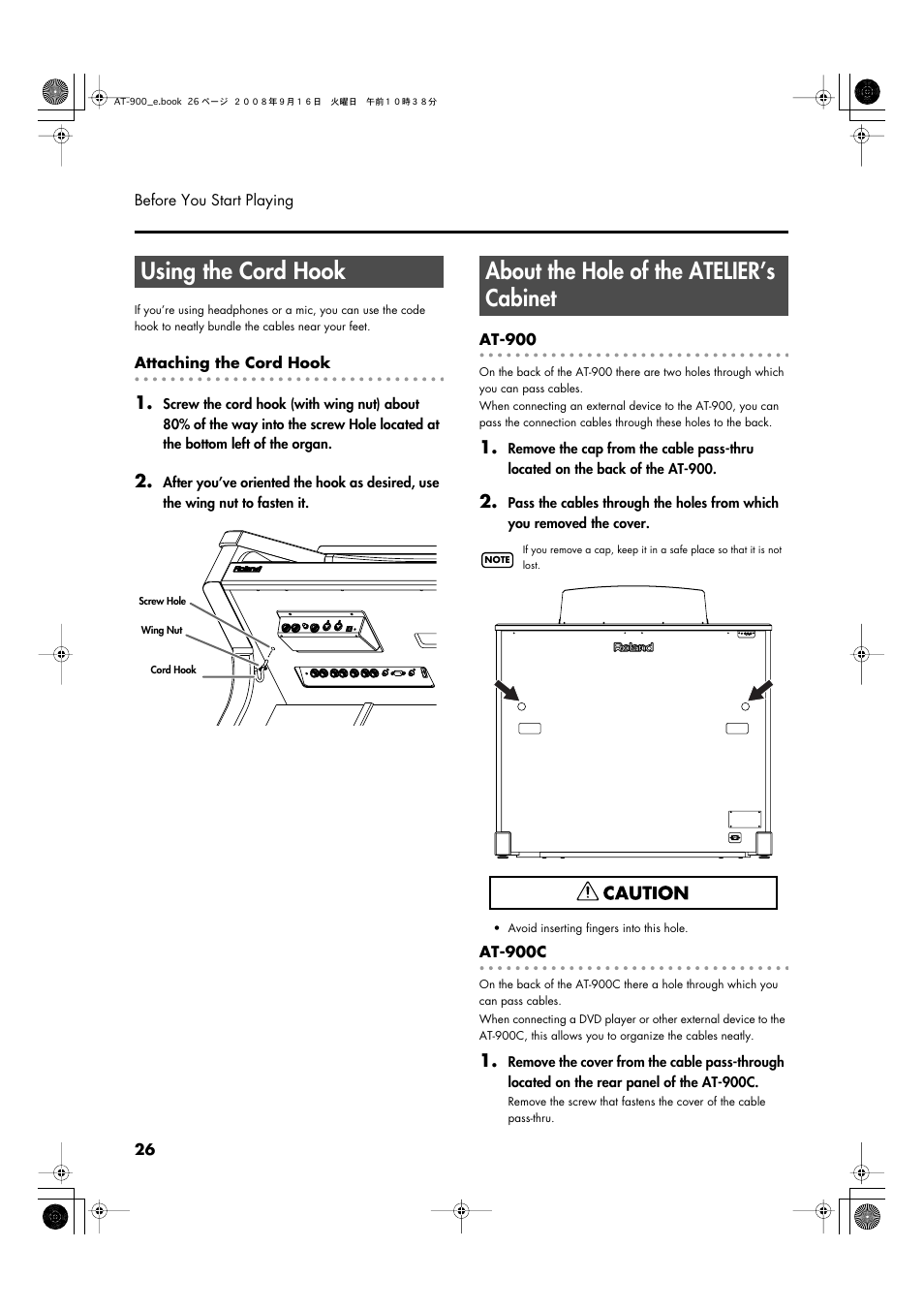 Using the cord hook, About the hole of the atelier’s cabinet | Roland Atelier AT900 User Manual | Page 28 / 308