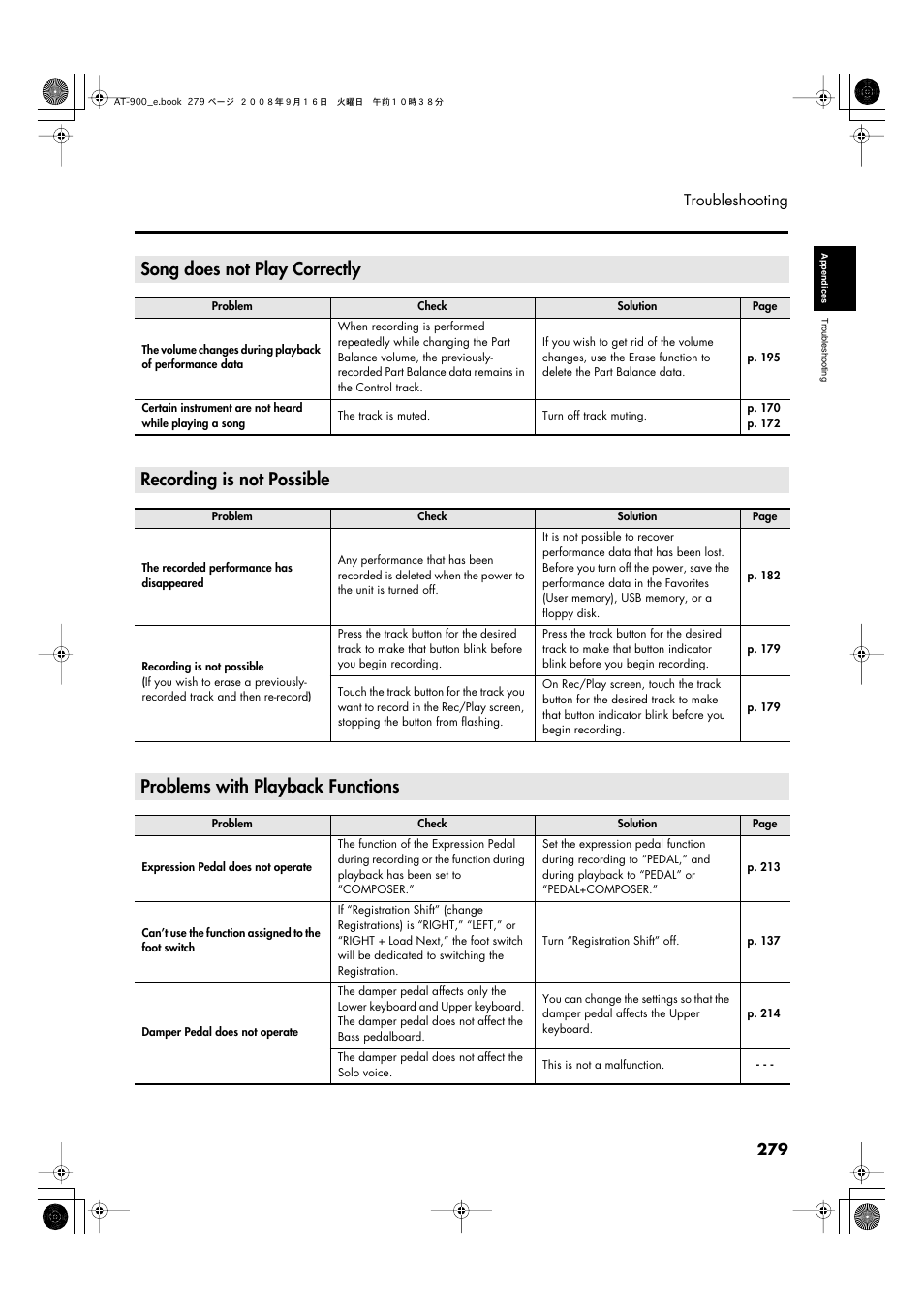 Song does not play correctly, Recording is not possible, Problems with playback functions | 279 troubleshooting | Roland Atelier AT900 User Manual | Page 281 / 308