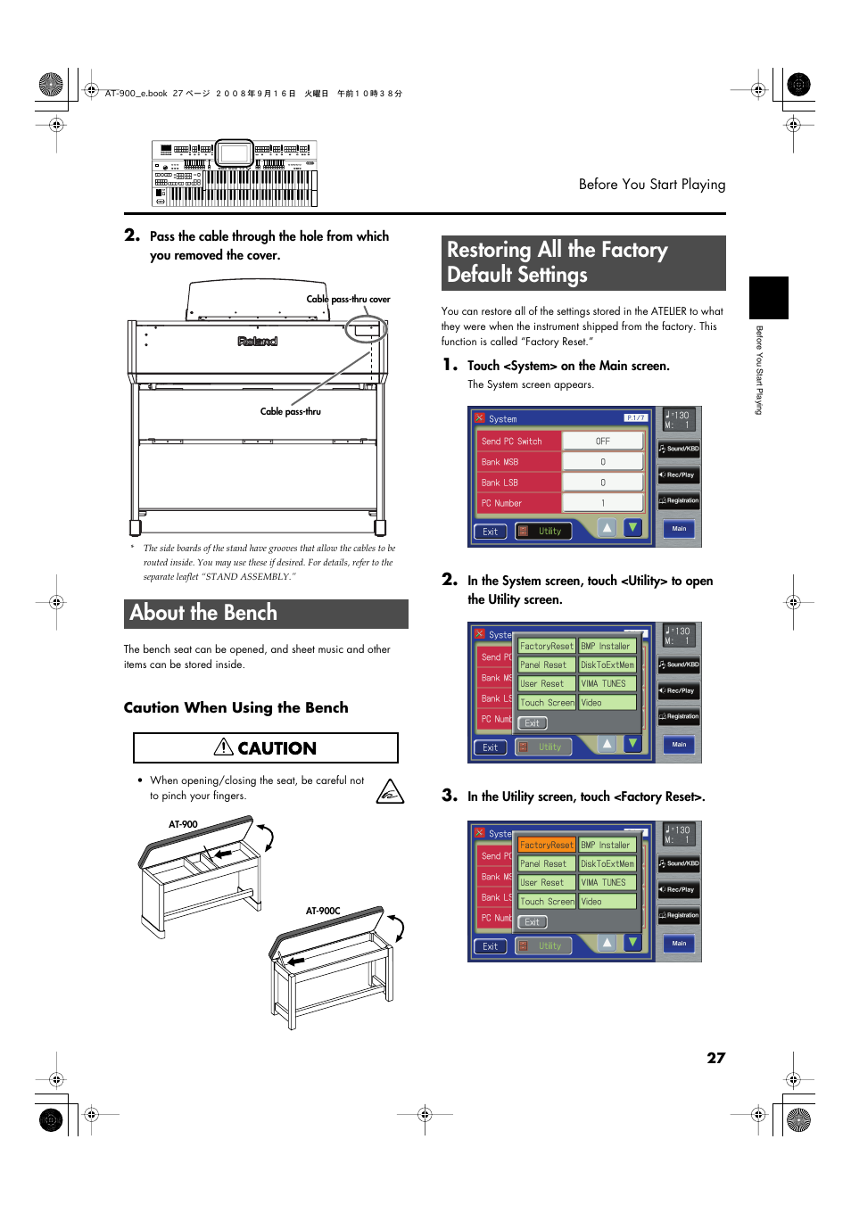 About the bench, Restoring all the factory default settings, P. 27) | Roland Atelier AT900 User Manual | Page 29 / 308