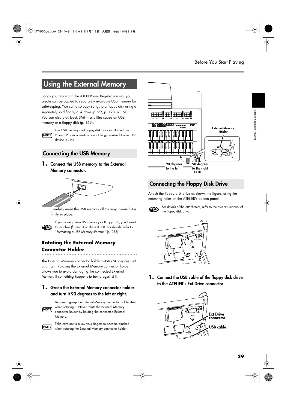 Using the external memory, Connecting the usb memory, Connecting the floppy disk drive | Roland Atelier AT900 User Manual | Page 31 / 308