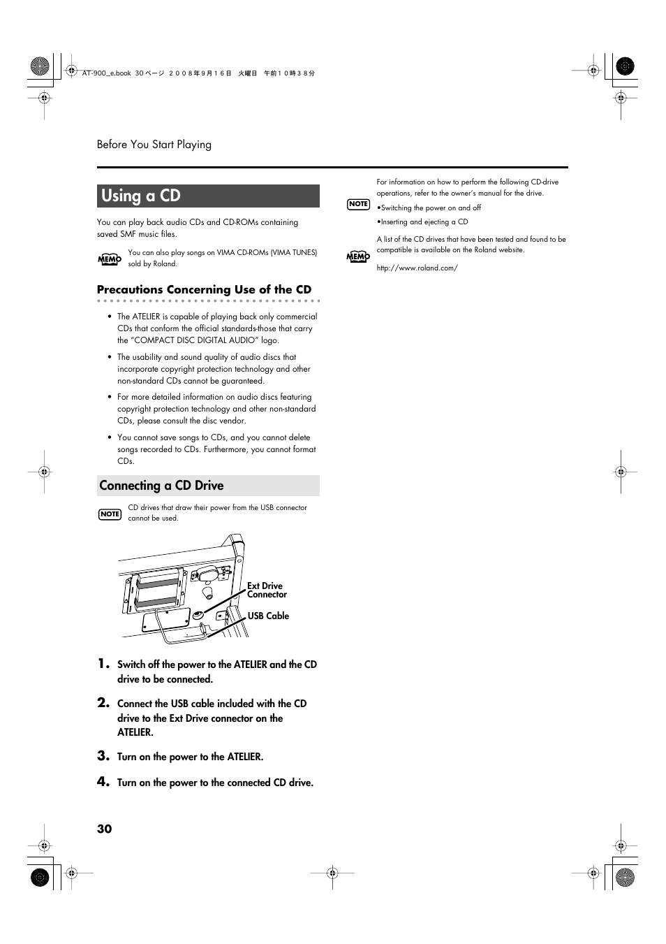 Using a cd, Connecting a cd drive | Roland Atelier AT900 User Manual | Page 32 / 308