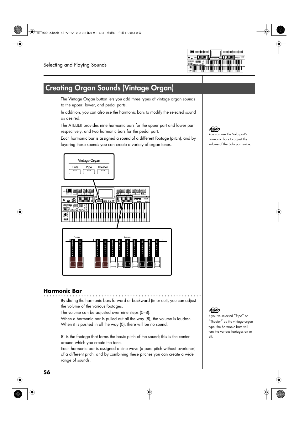 Creating organ sounds (vintage organ), P. 56, P. 56, p. 74 | Creating organ sounds, Vintage organ) | Roland Atelier AT900 User Manual | Page 58 / 308