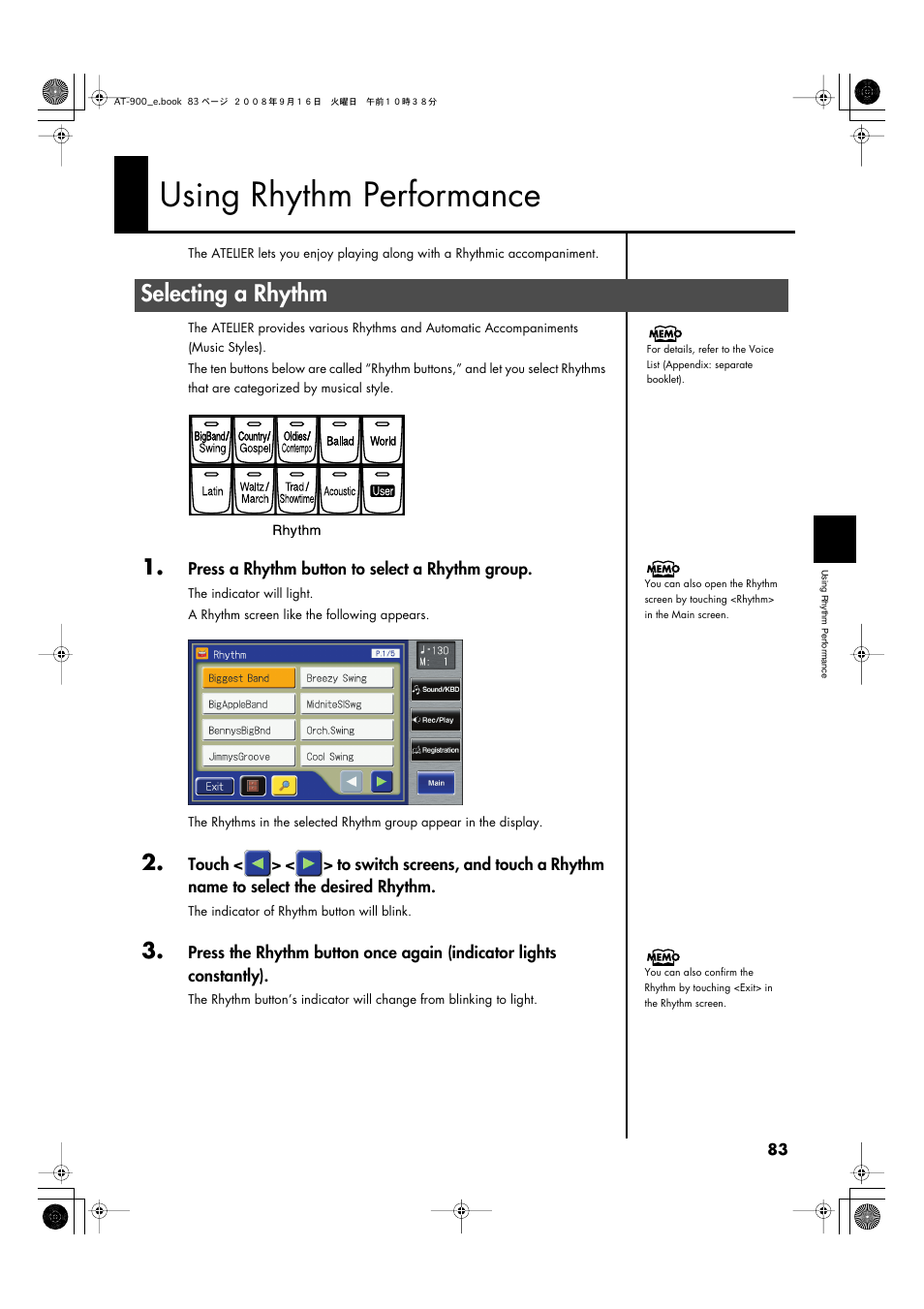 Using rhythm performance, Selecting a rhythm, P. 83 | Roland Atelier AT900 User Manual | Page 85 / 308