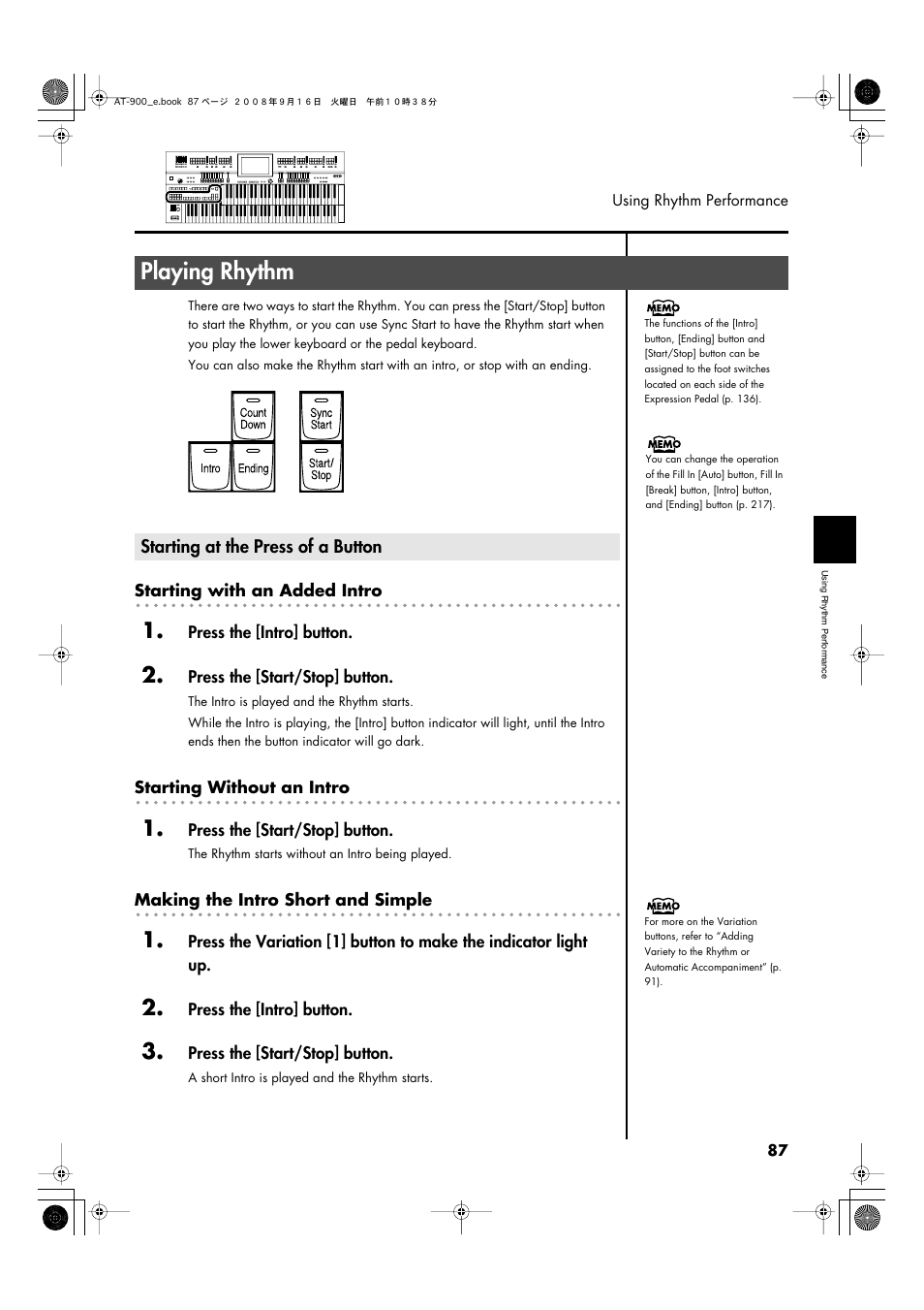 Playing rhythm, Starting at the press of a button, P. 87–p. 89 | P. 87, p. 89 | Roland Atelier AT900 User Manual | Page 89 / 308