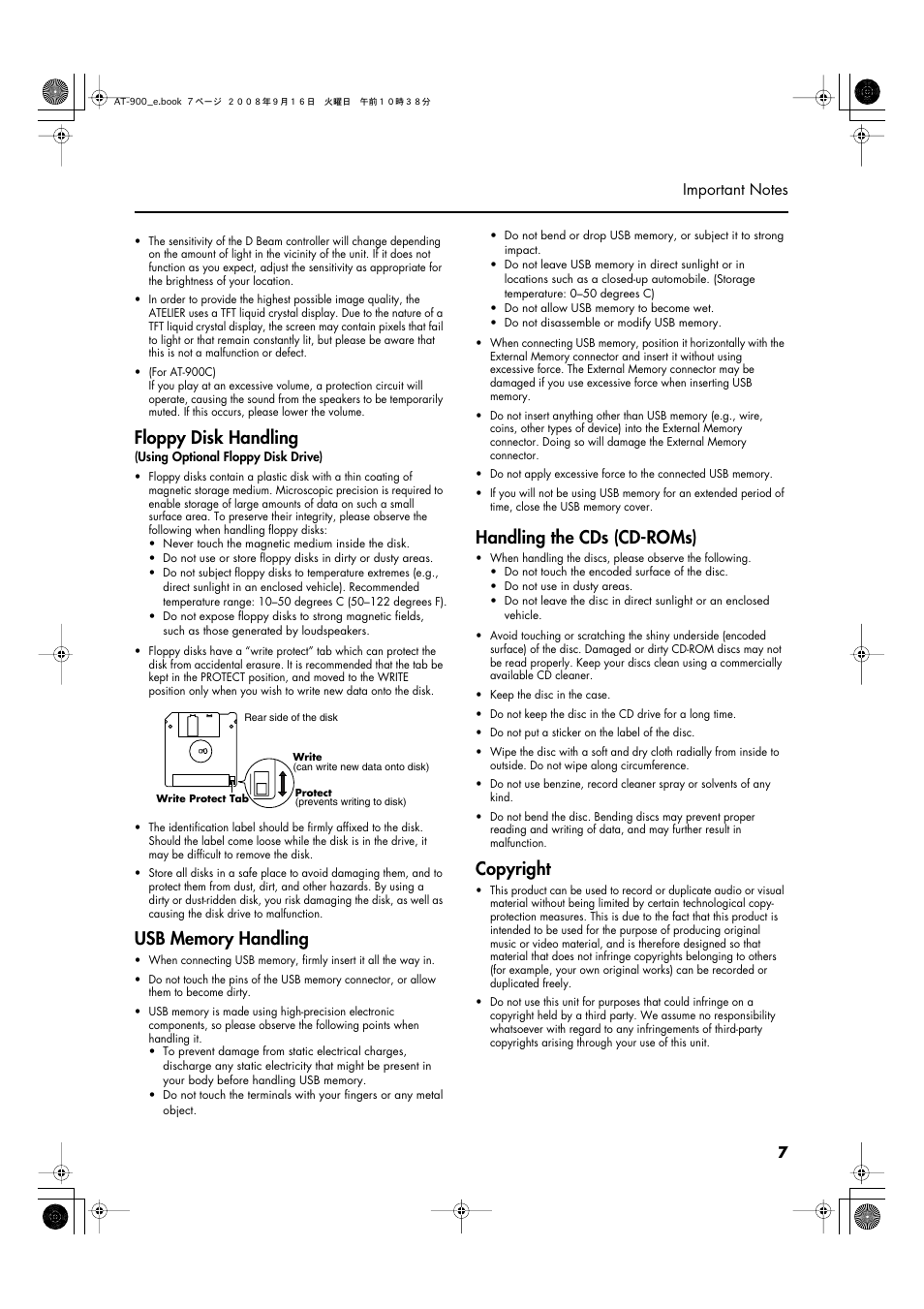 Floppy disk handling, Handling the cds (cd-roms), Copyright | Roland Atelier AT900 User Manual | Page 9 / 308