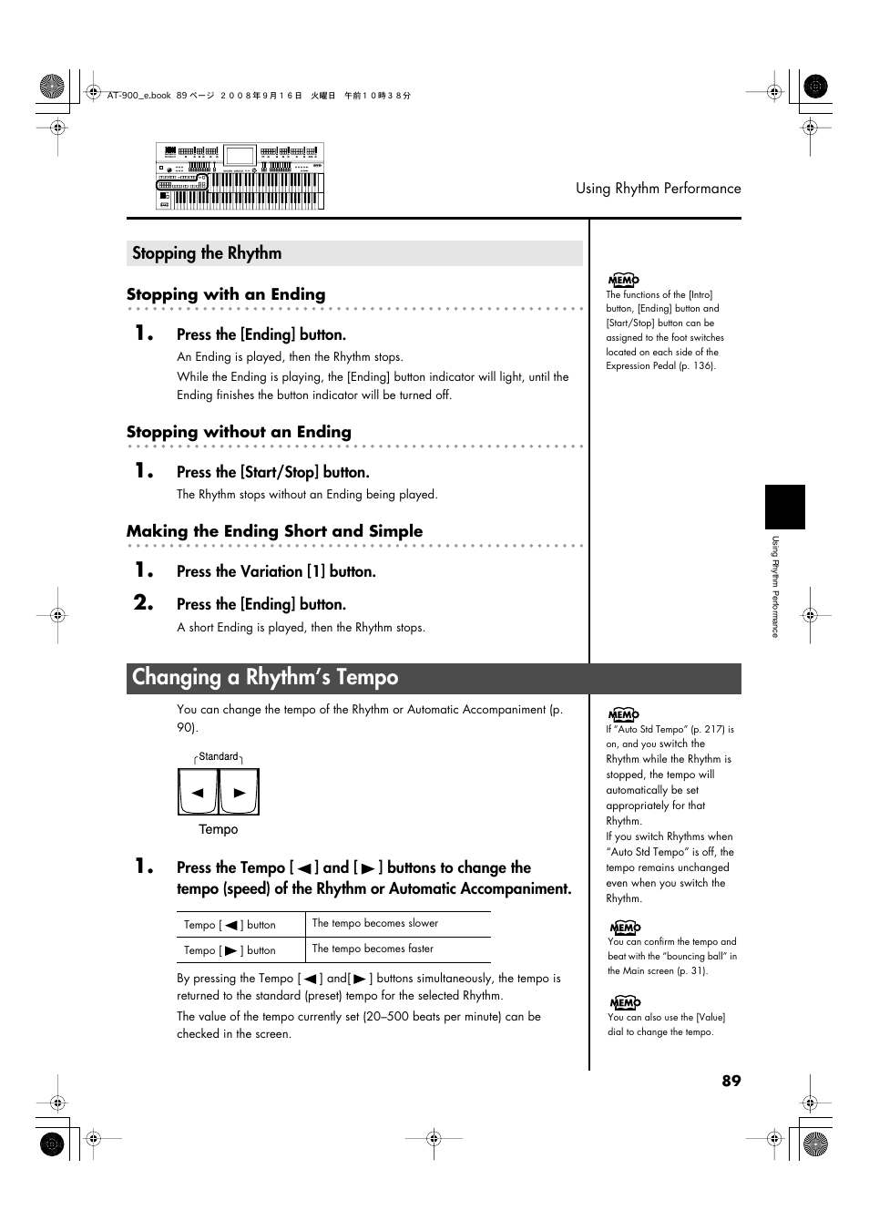 Stopping the rhythm, Changing a rhythm’s tempo, P. 89 | Roland Atelier AT900 User Manual | Page 91 / 308