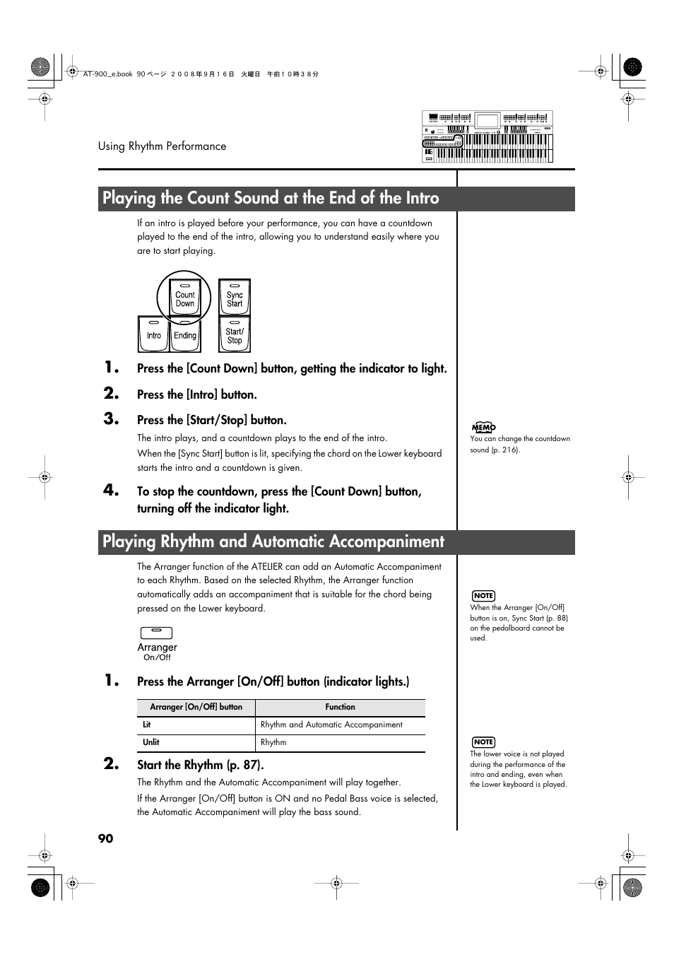 Playing the count sound at the end of the intro, Playing rhythm and automatic accompaniment, P. 90 | Roland Atelier AT900 User Manual | Page 92 / 308