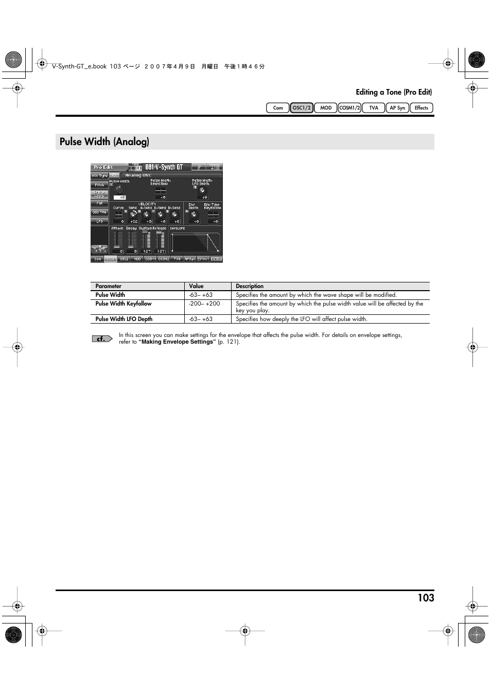 Pulse width (analog), Time/pulse width lfo depth (p. 103) | Roland V-Synth GT User Manual | Page 103 / 248