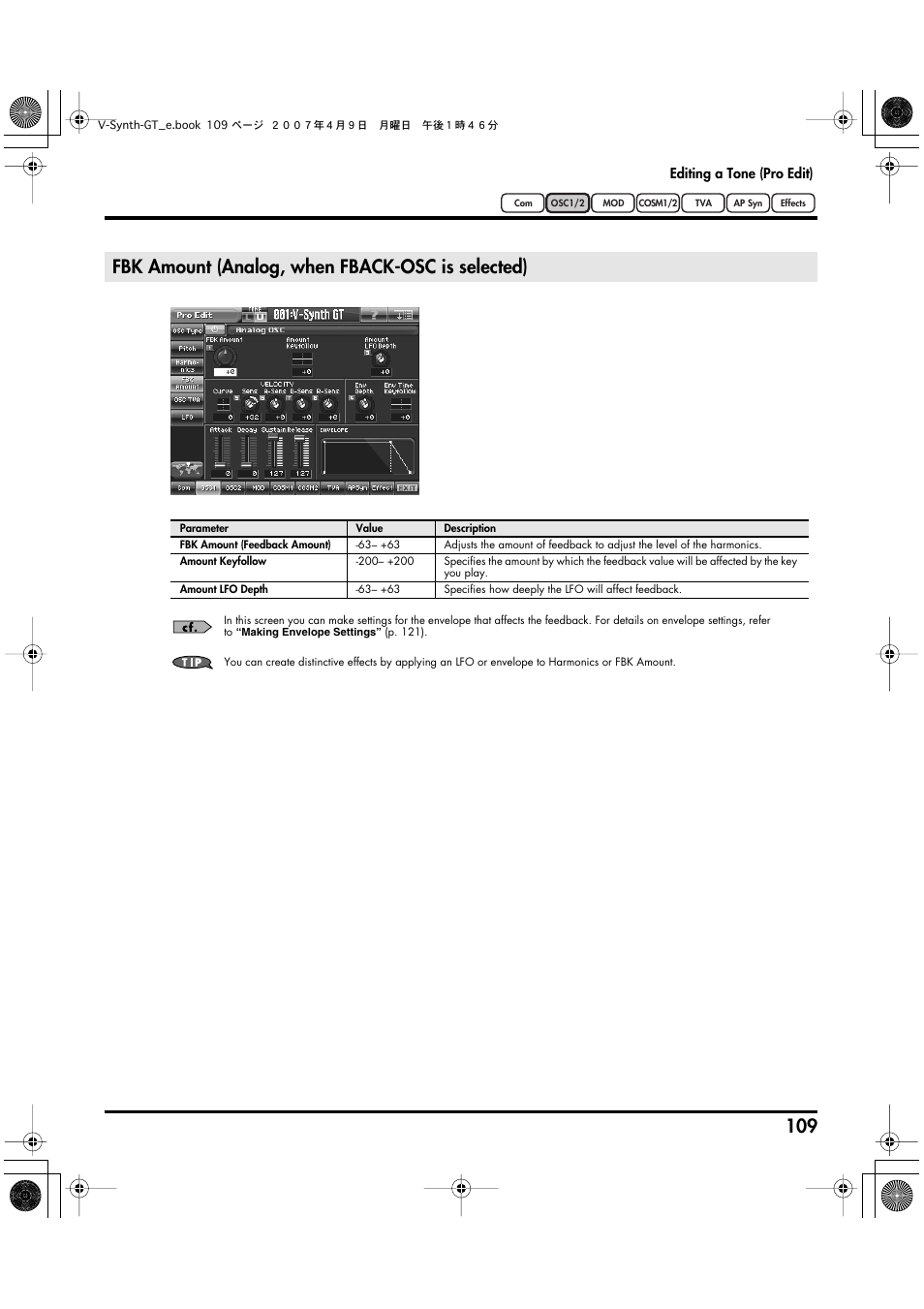 Fbk amount (analog, when fback-osc is selected) | Roland V-Synth GT User Manual | Page 109 / 248