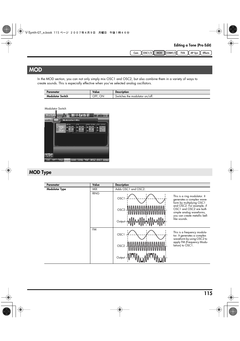 Mod type | Roland V-Synth GT User Manual | Page 115 / 248