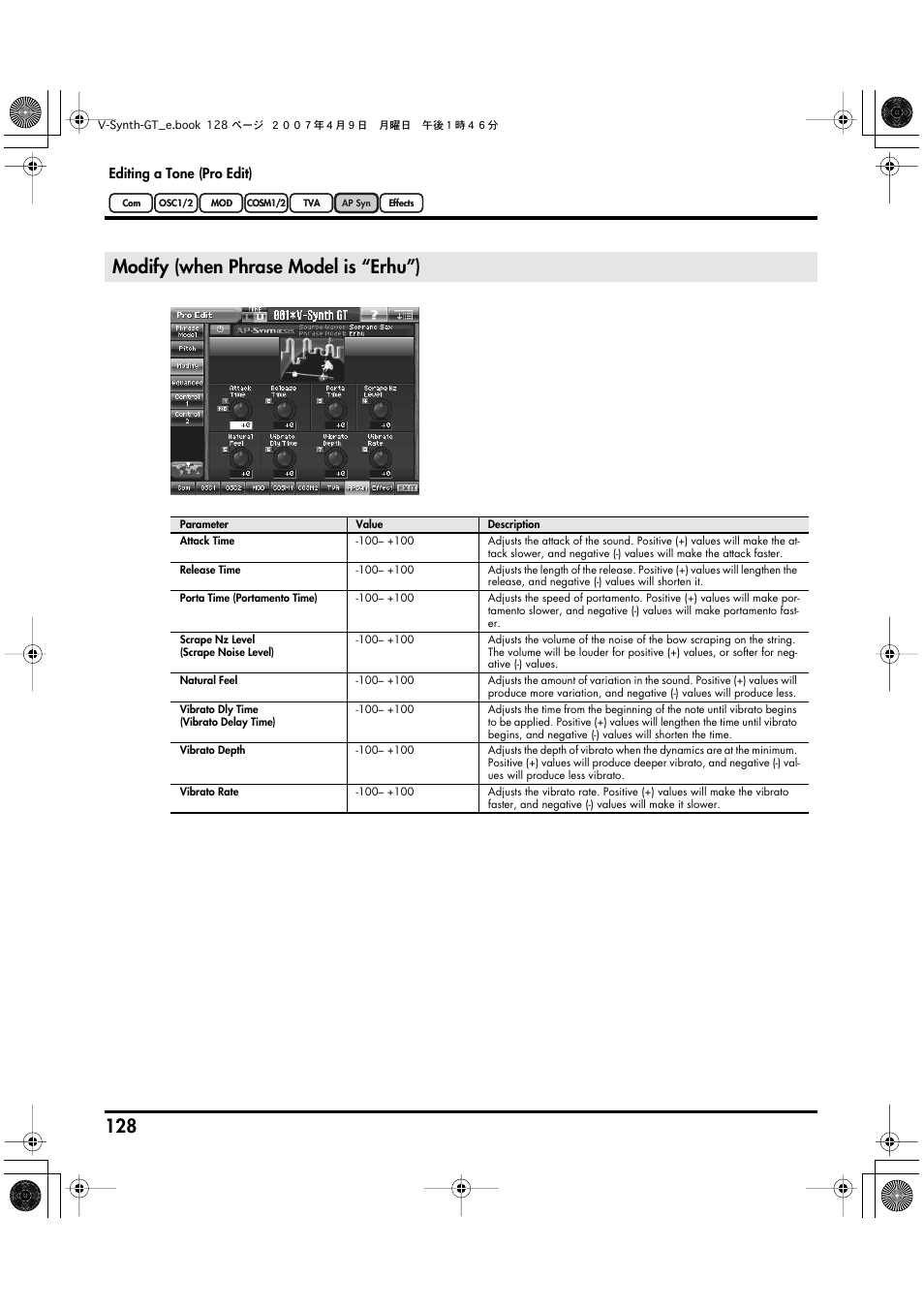 Modify (when phrase model is “erhu”) | Roland V-Synth GT User Manual | Page 128 / 248