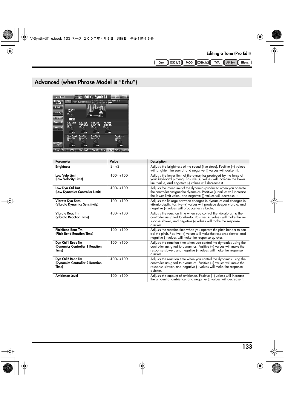 Advanced (when phrase model is “erhu”) | Roland V-Synth GT User Manual | Page 133 / 248