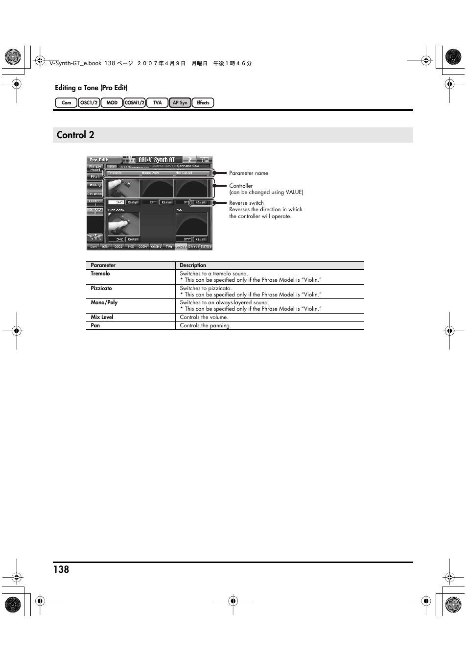 Control 2 | Roland V-Synth GT User Manual | Page 138 / 248