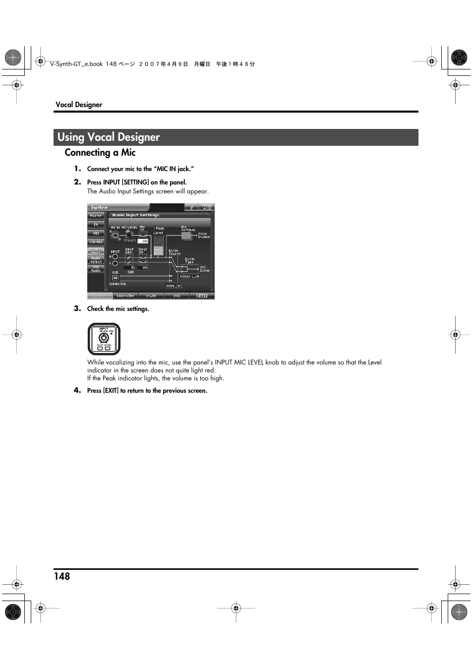 Using vocal designer, Panel. (p. 148), Connecting a mic | Roland V-Synth GT User Manual | Page 148 / 248