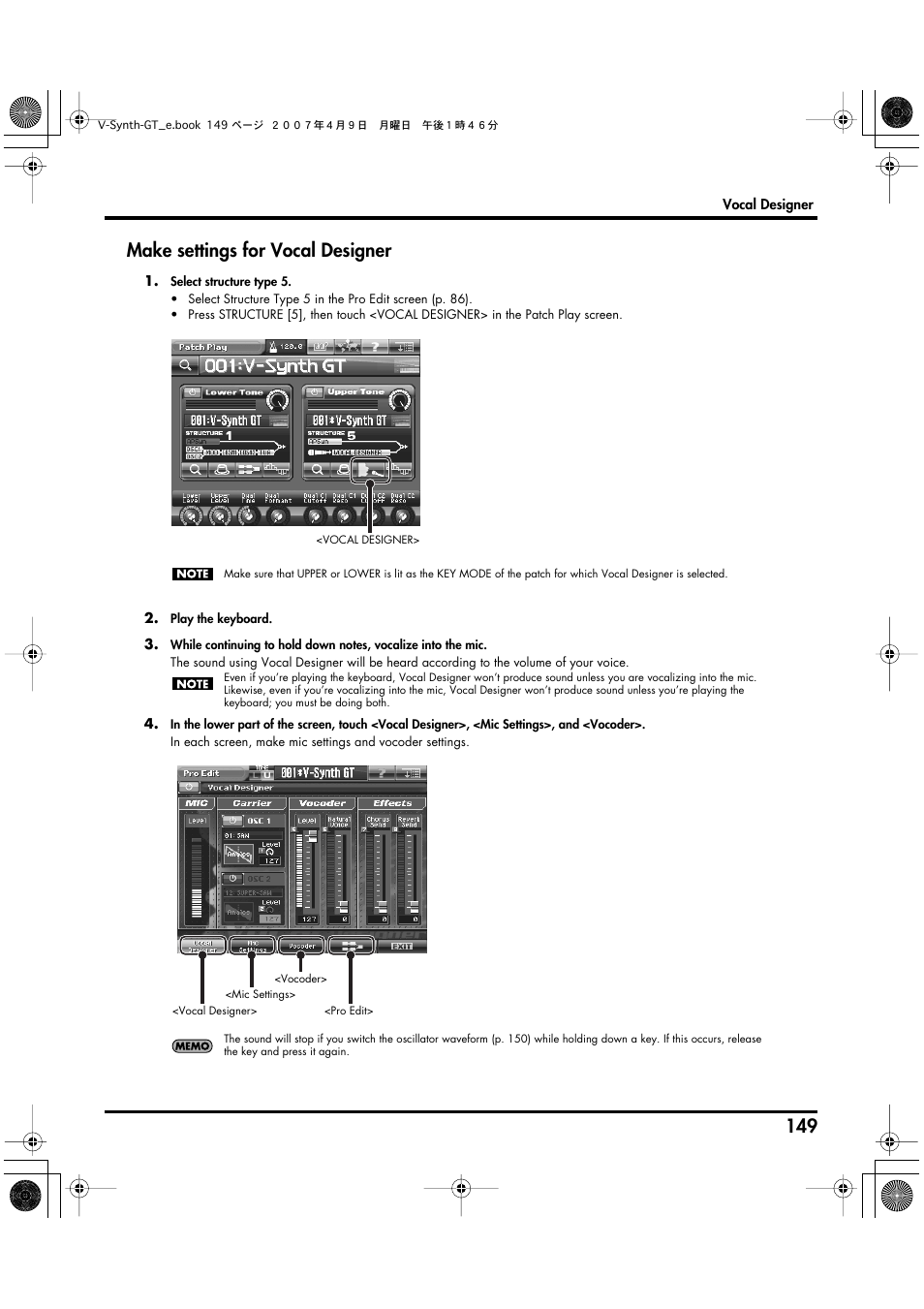 Make settings for vocal designer | Roland V-Synth GT User Manual | Page 149 / 248