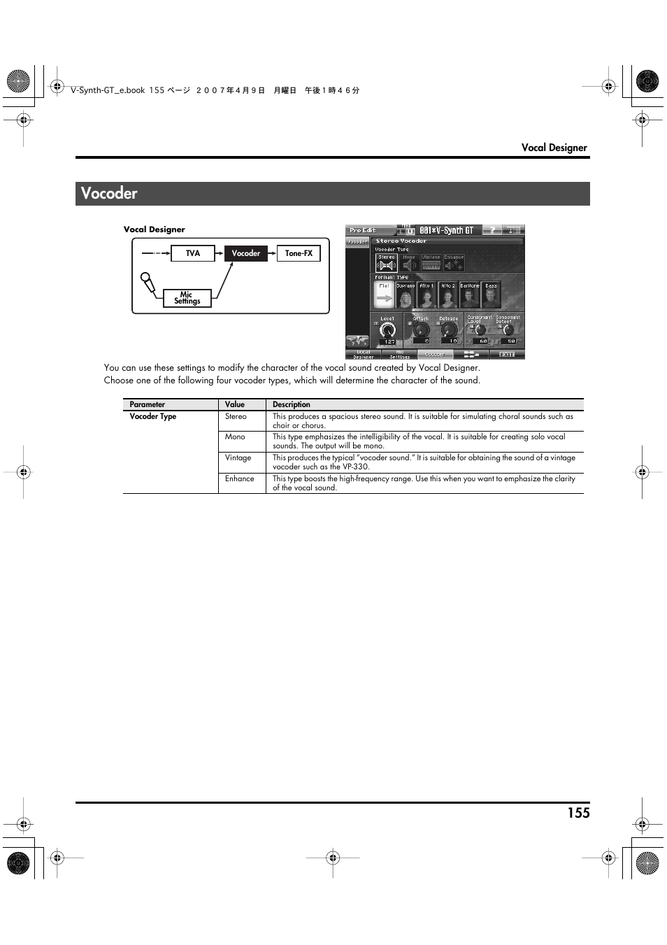 Vocoder | Roland V-Synth GT User Manual | Page 155 / 248