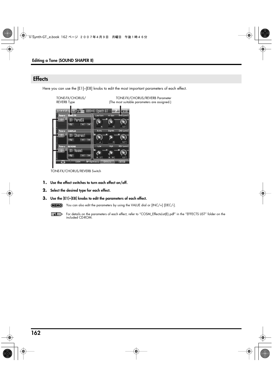 Effects, Touch <effects> to make effect settings (p. 162) | Roland V-Synth GT User Manual | Page 162 / 248