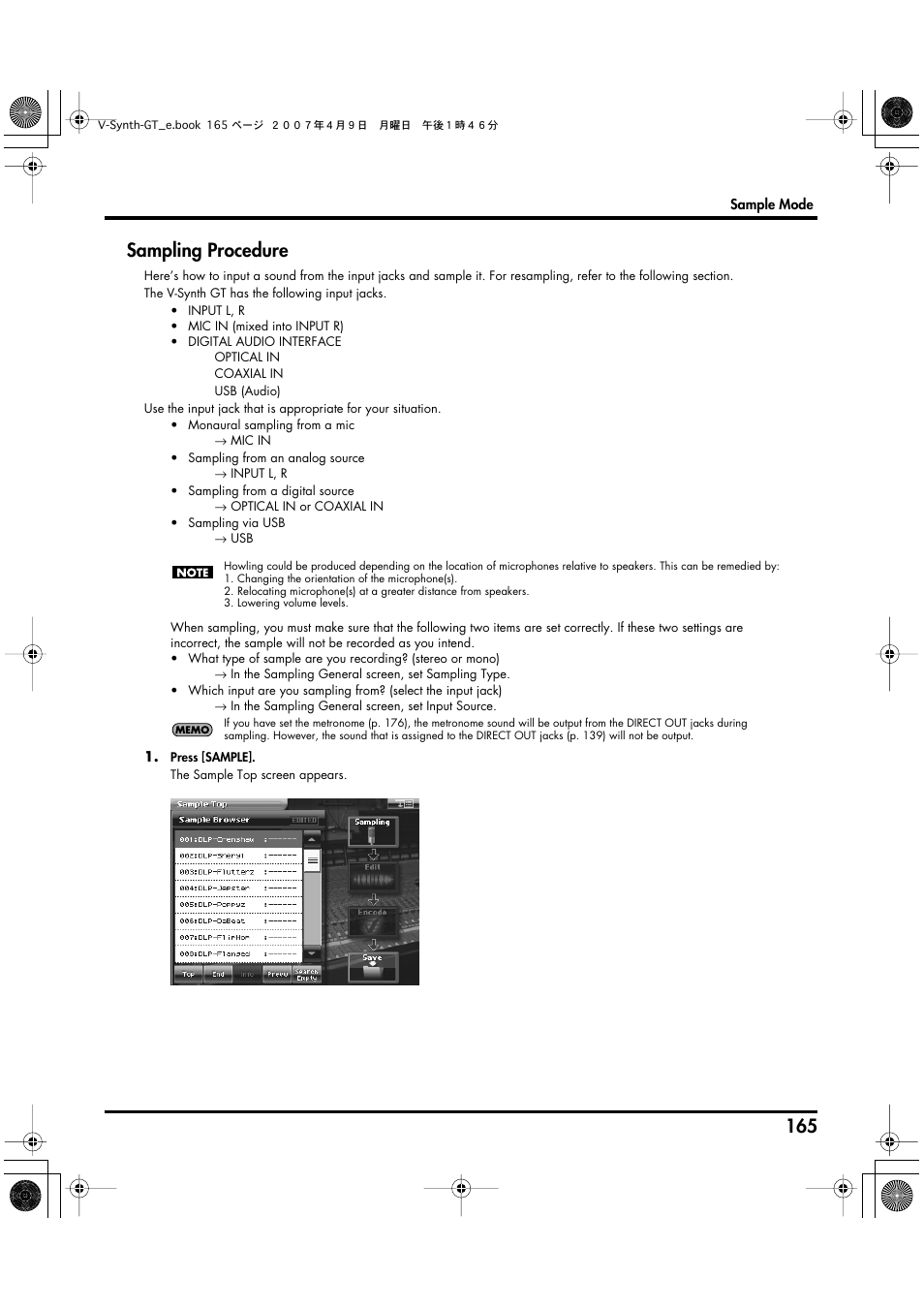 For details on modifying the settings, refer to, Sampling procedure, P. 165) | Roland V-Synth GT User Manual | Page 165 / 248